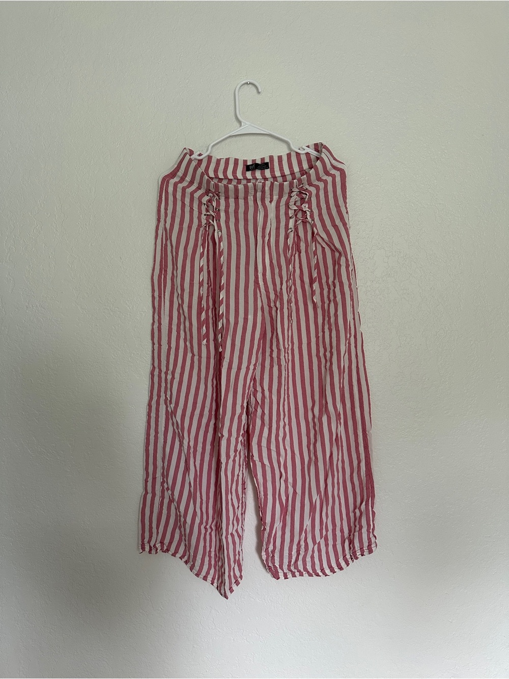 Zara Striped Pink and White Wide-Leg Pants with Lace-Up Detail Size M